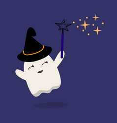 Cute Halloween Ghost In Witch Hat With Wand Does