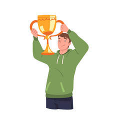 Man Winner Holding Golden Cup As Trophy And Award