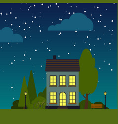 Night Street House Tree Flat Square Single