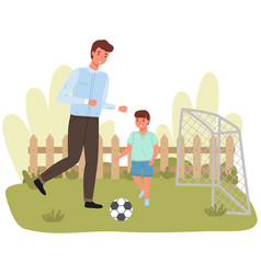 Father With Son Play Football On Field Men