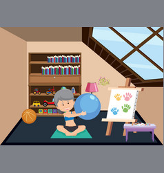 Background Scene With Old Woman Doing Yoga At Home