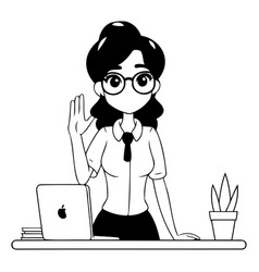 Business Woman Working At The Computer In Cartoon