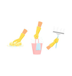 Hand In Yellow Glove Cleaning With Sponge Bucket