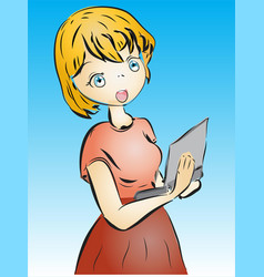 Cartoon Office Girl With Laptop In Anime Style