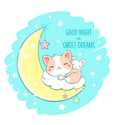 Cute Baby Cat And Mouse Is Sleeping On Moon