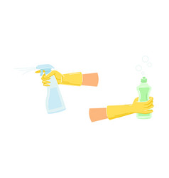 Hand In Yellow Glove Cleaning With Spray Detergent