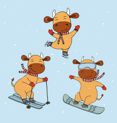 Funny New Years Cows In Winter Sports Symbol