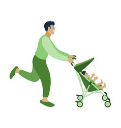 Asian Dad Running With An Infant In A Stroller