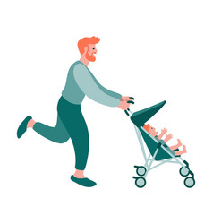 Caucasian Dad Running With An Infant In A Stroller