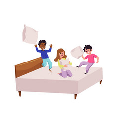 Funny Children Fighting With Pillows In Bed Flat