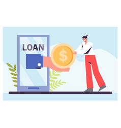 Happy Woman Getting Loan Online Holding Big Coin