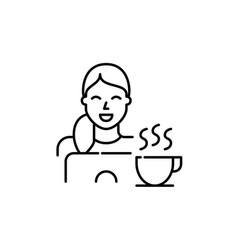 Smiling Girl Having Coffee At Her Laptop Pixel