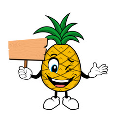 Pineapple Mascot Holding Up A Blank Wood Sign