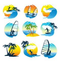 Surfing Icons Set With People