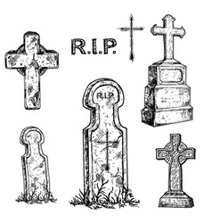 Tombstones And Grave Crosses Set Old Marble Stone