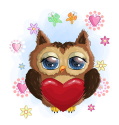 Valentine Card With Cute Cartoon Owl In Hearts