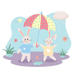 Cute Bunnies Under An Umbrella Autumn Rabbits