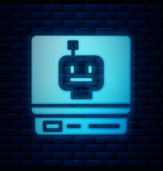 Glowing Neon Robot Icon Isolated On Brick Wall