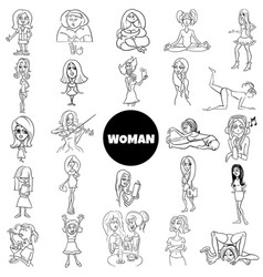 Black And White Cartoon Women Characters Big Set