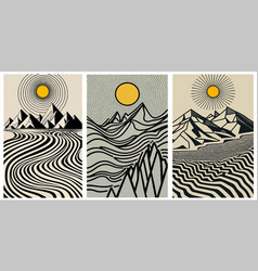 Hand Drawing Mountain And Sunset Line Art Print