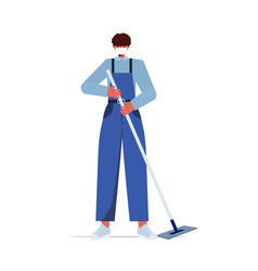 Male Cleaner Using Mop Janitor Wearing Mask