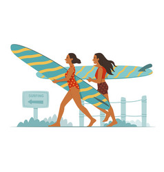 Sport Women Holding Surfboard And Walking On Beach