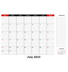 July 2023 Monthly Desk Pad Calendar Week Starts