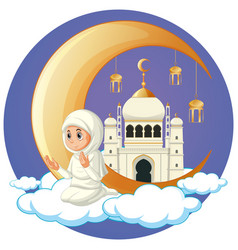 Arab Muslim Girl Praying With Crescent Moon