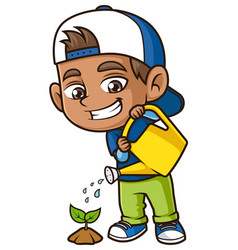 Hispanic Boy Watering Plant Cartoon