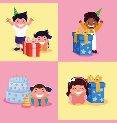 Boys And Girl With Happy Birthday Cake Gifts