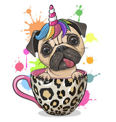 Pug Dog With Unicorn Horn Is Sitting In A Cup