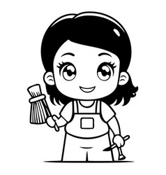 Cute Girl With Paint Brush In Cartoon Style