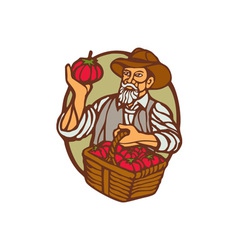 Organic Farmer Tomato Basket Woodcut Linocut