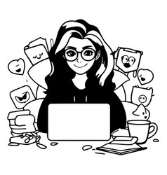 Girl With Laptop And Social Media Icons In