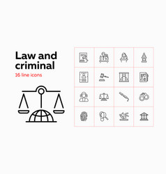 Law And Criminal Icons Set Of Line Icons On White