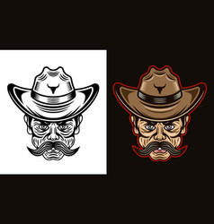 Cowboy Man Head With Mustache In Hat In Two Styles