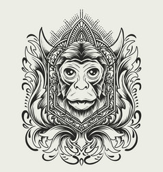 Monkey Head With Vintage Engraving Ornament