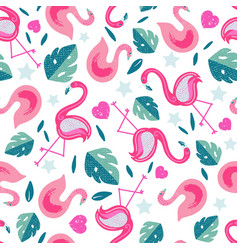 Flamingo And Swan Tropical Leaves Seamless