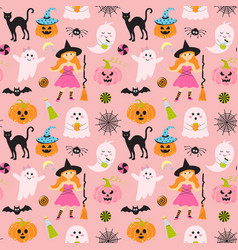 Seamless Halloween Pattern With Cute Witch Pink