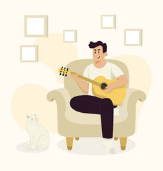 Playing Guitar Concept Man With Cat In Living Room