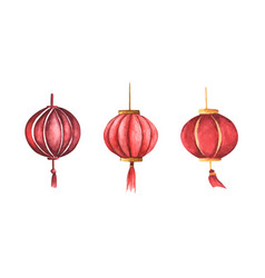 Set Of Red Round Chinese Paper Lantern Watercolor