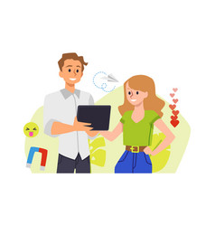 Young Happy Man And Woman With Tablet Flat Style