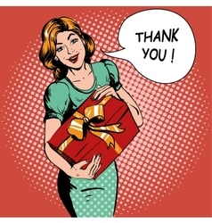 Woman Hold Gift Box Thank You Speech Bubble