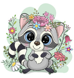 Cartoon Raccoon With Flowers And Branches