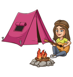 Young Girl Going Camping Cartoon