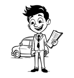 Businessman With Car - Black And White Cartoon