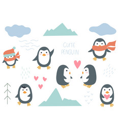 Set Cute Penguins In Arctic Clip Art Hand Drawn