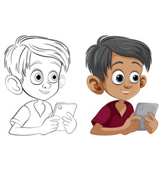 Two Boys Using Smartphones Colored And Line Art