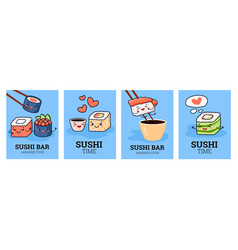 Sushi Food Cards Or Banners With Cute Kawaii