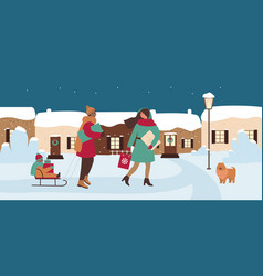 Family People Walk Snow City Street Buy Gift